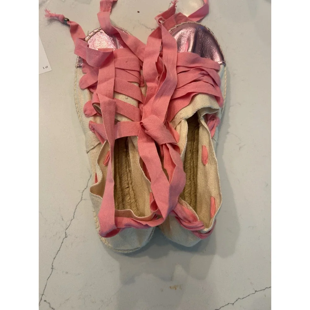Cousu Main Espadrille Flats Pink Metallic Cap Toe Ribbon Lace Up Shoes 40